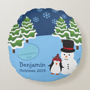 Cojín Redondo Penguin y Navidades Snowman de vacaciones en invie