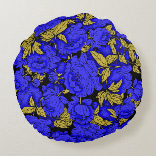 Cojín Redondo Peonías Azules con Hojas de Oro