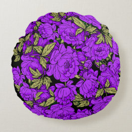 Cojín Redondo Peonías moradas con hojas de oro