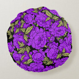 Cojín Redondo Peonías moradas con hojas de oro