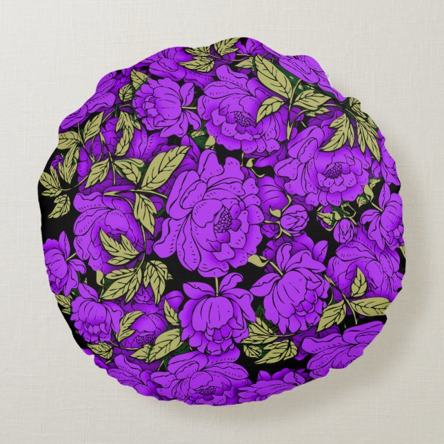 Cojín Redondo Peonías Purpúreas con Hojas de Oro (Reverso)