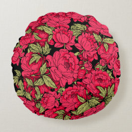 Cojín Redondo Peonías rojas con hojas de oro