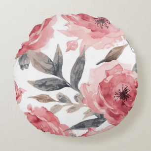 Cojín Redondo Peonías rosadas acuarela floral botánico pintado