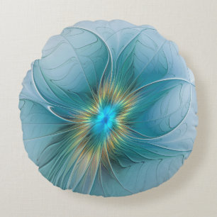 Cojín Redondo Pequeña belleza arte floral fractal azul moderno d