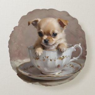 Cojín Redondo Pequeña luz: Chihuahua cachorro en una taza de té