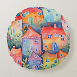 Cojín Redondo Pequeñas casas pasteles de color suave, de color p