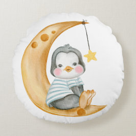 COJÍN REDONDO PEQUEÑO PINGUÍN CUIDADO SENTADO EN UNA LUNA Y NUBE