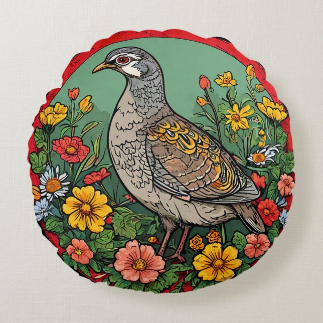 Cojín Redondo Perdiz gris colorida (Anverso)