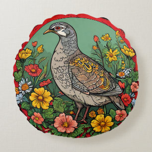 Cojín Redondo Perdiz gris colorida Arte silvestre artístico Pája