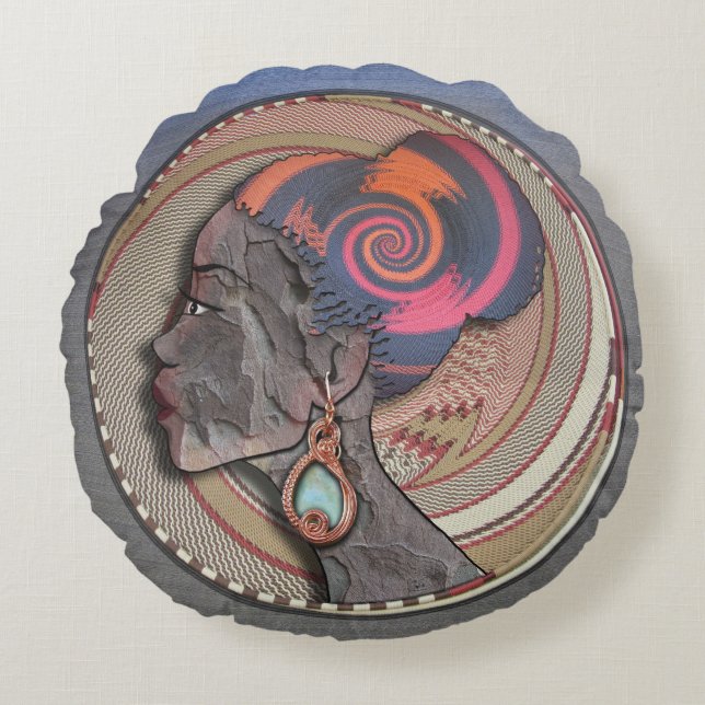 Cojín Redondo Perfil de una mujer africana en una cesta tejida (Anverso)