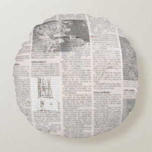 Cojín Redondo Periódico con texto antiguo ilegible. Grunge vinta