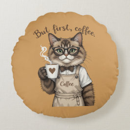 Cojín Redondo Pero Primero, Gato Café