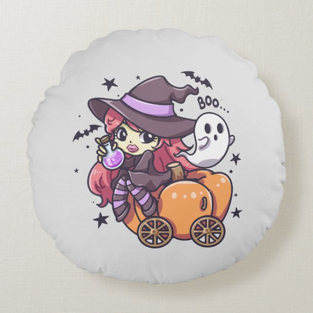 Cojín Redondo Perra infantil sentada en un auto calabaza (Anverso)