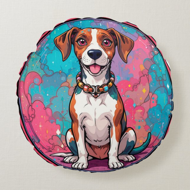 Cojín Redondo Perrito Adorable Con Un Collar Colorido (Anverso)