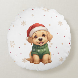 Cojín Redondo Perrito Navideño Adorable - Navidad Puppy Festivo