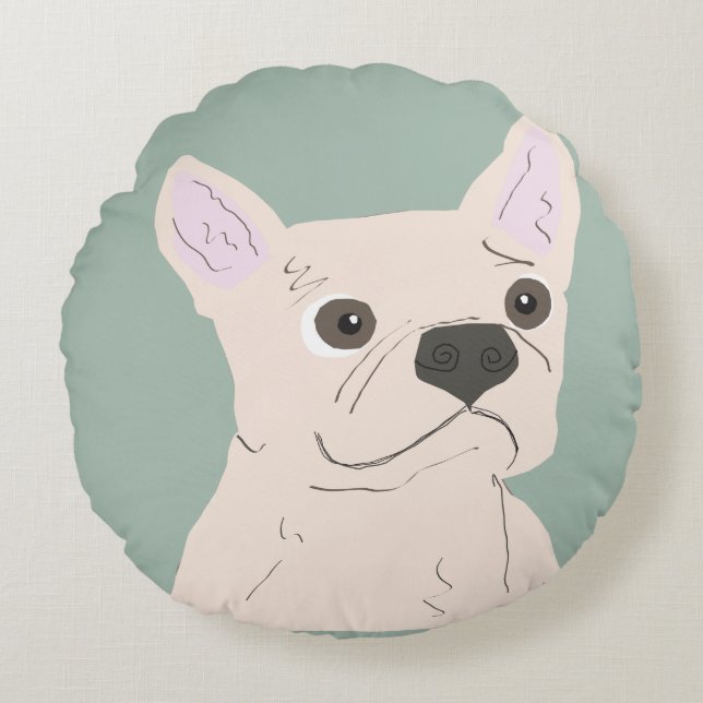 Cojín Redondo Perro Adorable, Azul Polvoriento (Anverso)