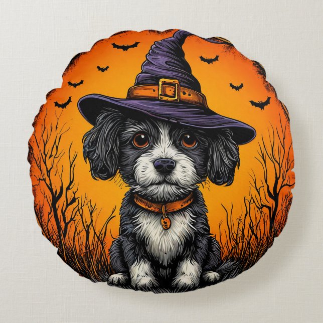 Cojín Redondo Perro Adorable con Sombrero de Bruja (Anverso)