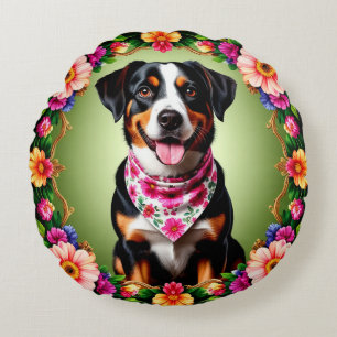 Cojín Redondo Perro Adorable Enmarcado por Flores Coloridas