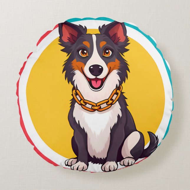 Cojín Redondo Perro animado lindo con collar (Anverso)