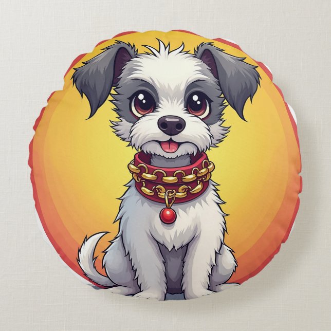Cojín Redondo Perro animado lindo con collar (Anverso)
