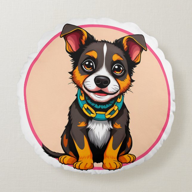 Cojín Redondo Perro animado lindo con collar (Anverso)