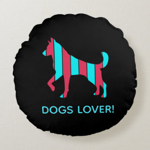 Cojín Redondo Perro - Arte pop Mascota, animal abstracto azul y 