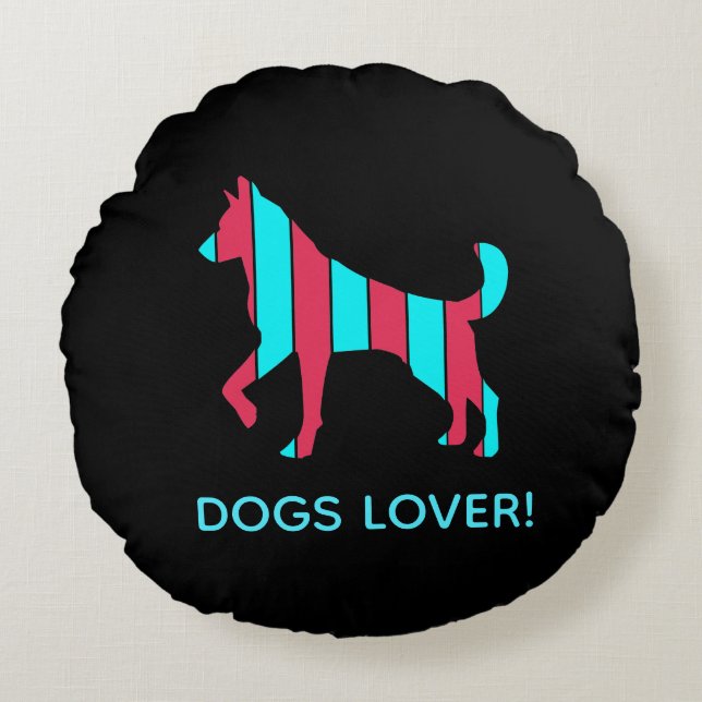 Cojín Redondo Perro - Arte pop Mascota, animal abstracto azul y  (Anverso)