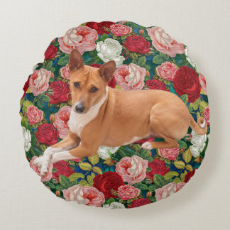 Cojín Redondo Perro Basenji y rosas