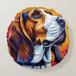 Cojín Redondo Perro Basset Hound con fondo colorido