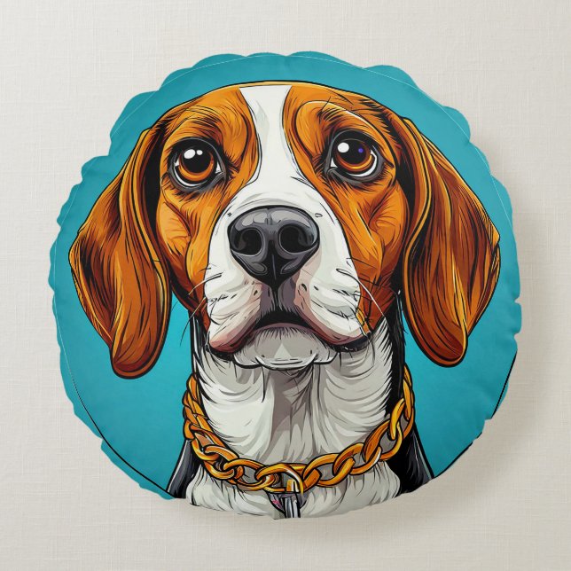 Cojín Redondo Perro Beagle con Cadena de Oro (Anverso)