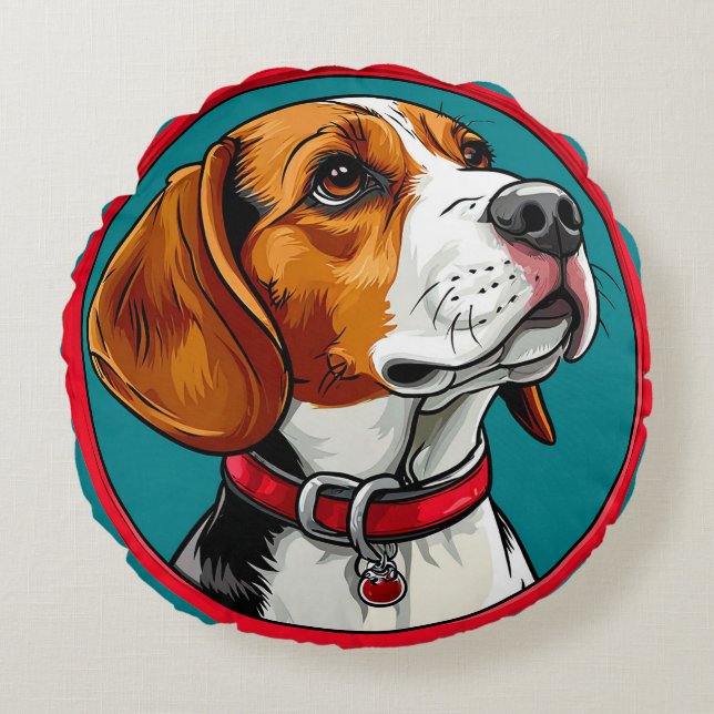 Cojín Redondo Perro Beagle con Collar Rojo (Anverso)
