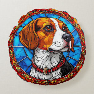 Cojín Redondo Perro Beagle en Arte de Vidrio Teñido Vibrante