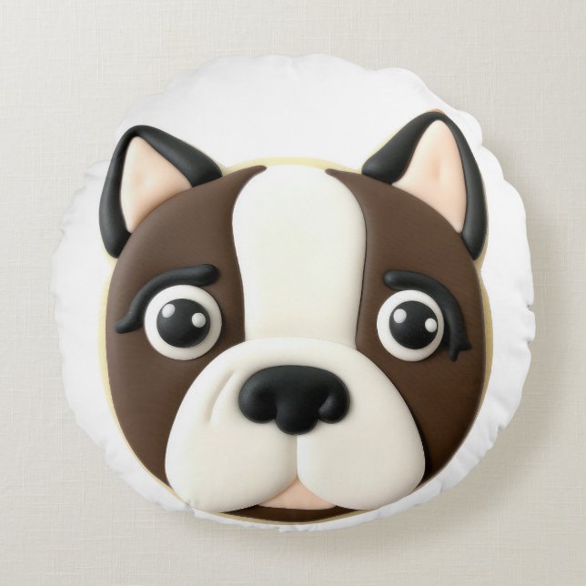 Cojín Redondo Perro Boston Terrier Inspirado en 3D (Anverso)