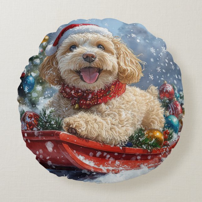 Cojín Redondo Perro Cockapoo en Trineo Deja que Nieve Navidad (Anverso)