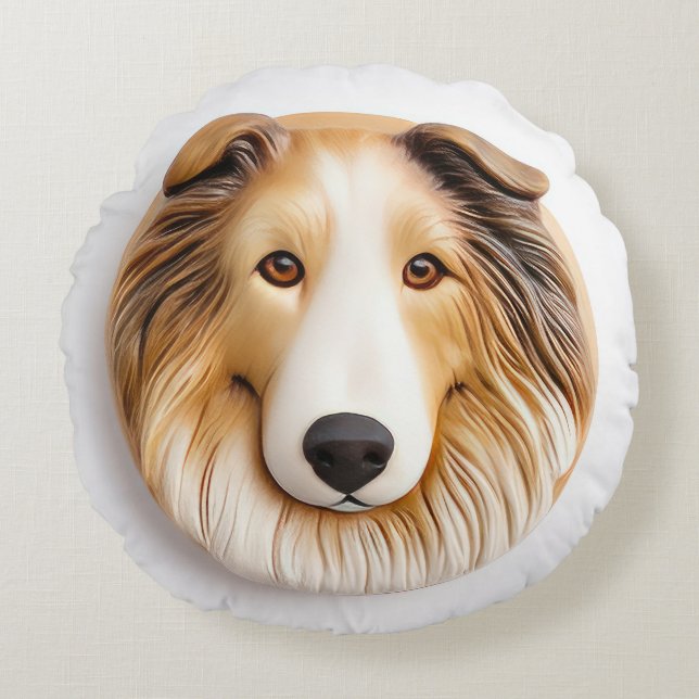 Cojín Redondo Perro Collie Áspero Inspirado en 3D (Anverso)