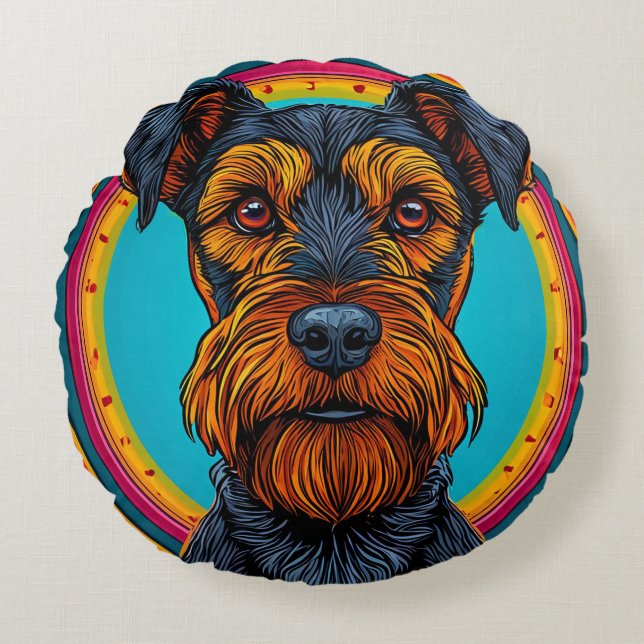 Cojín Redondo Perro con diseño de fondo circular vibrante (Anverso)