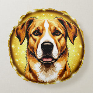 Cojín Redondo Perro con fondo dorado