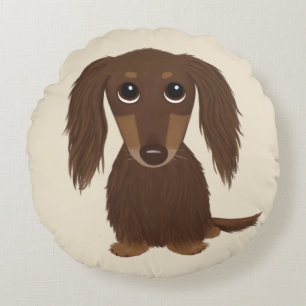 Cojín Redondo Perro Dachshund Chocolate Brown lindo de pelo larg