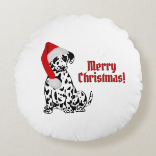 Cojín Redondo Perro dálmata Gorro de media rojo Feliz Navidad