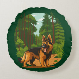 Cojín Redondo Perro de aventura Pastor Alemán en el bosque
