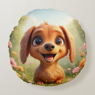 Cojín Redondo Perro de caricatura alegre en un campo de flores