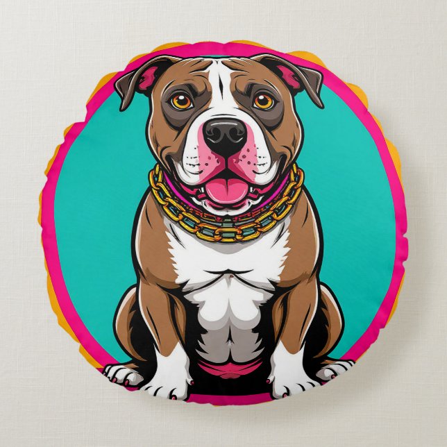 Cojín Redondo Perro de dibujos animados lindo con collar (Anverso)