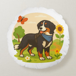 Cojín Redondo Perro de montaña de Berna lindo con girasol y mant