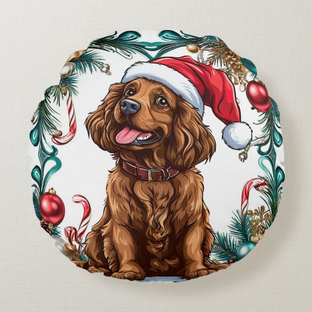 Cojín Redondo Perro de Navidad adorable (Anverso)