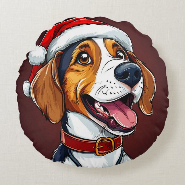 Cojín Redondo Perro de Navidad lindo (Anverso)