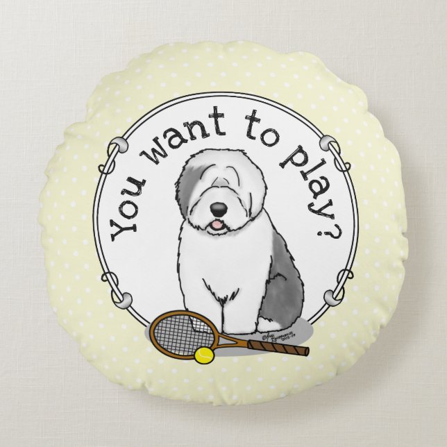 Cojín Redondo Perro de perro viejo inglés de tenis (gris 1) (Anverso)