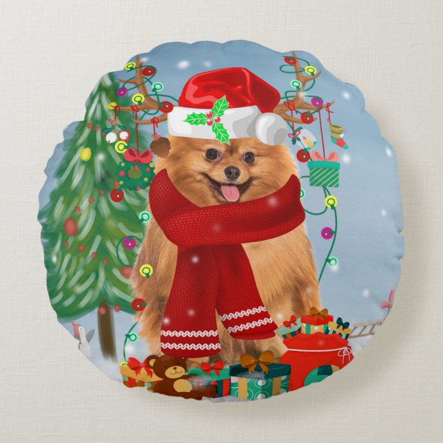 Cojín Redondo Perro de Pomerania con regalos de Navidades (Anverso)