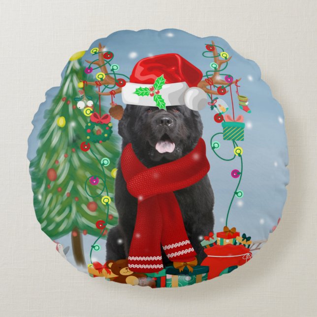 Cojín Redondo Perro de Terranova con regalos de Navidades (Anverso)