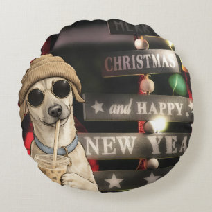 Cojín Redondo Perro divertido de Navidad bebiendo té de burbujas
