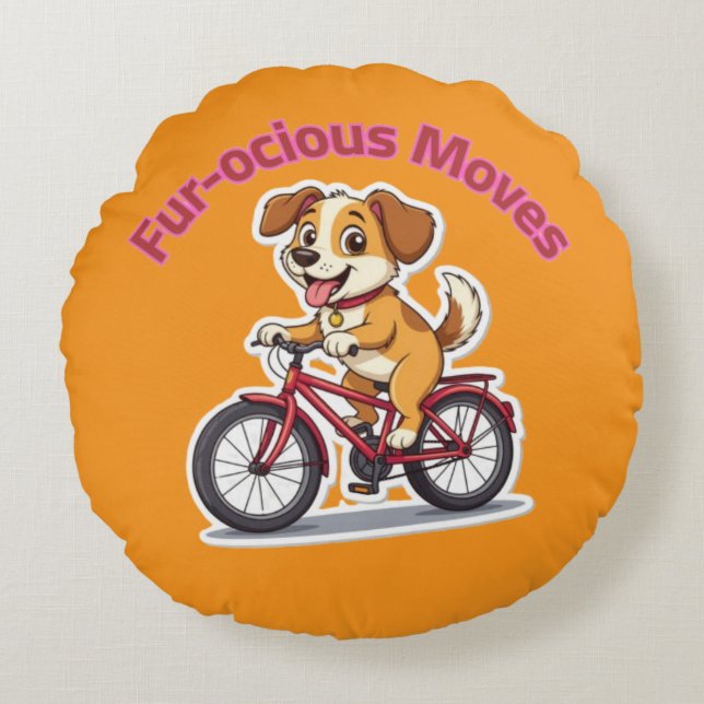 Cojín Redondo **Perro Divertido en Bicicleta – Perro Adorable Mo (Anverso)